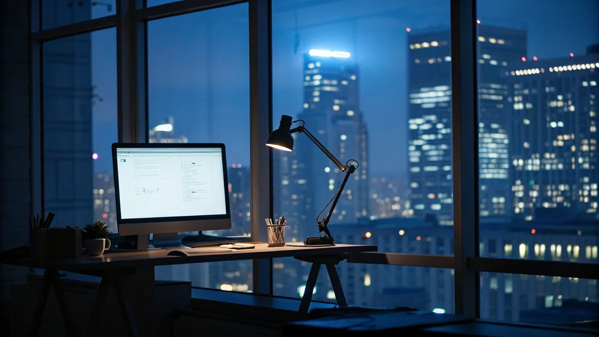 An empty office at night with one desk lit by a monitor and lamp, city lights outside