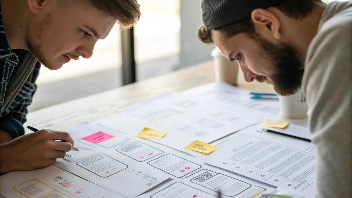 Two engineers reviewing printed architecture diagrams and sticky notes